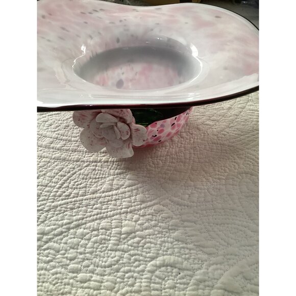 Vtg MURANO Pink & White Spotted Glass Hat Bowl*Black Rim & Flower Decoration - Picture 5 of 6